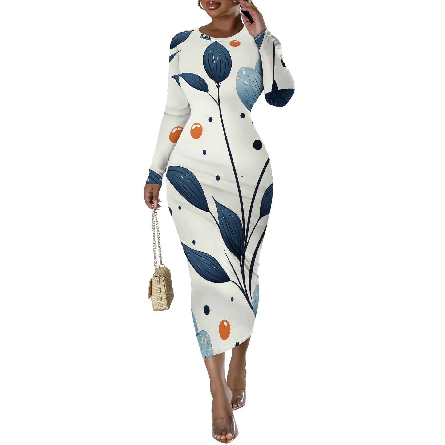 🍒Floral print dresses for women o -neck long sleeve fashion  stretchy summer clothes fitted bodycon midi smart casual You Won't Want To Leaf This Dress Alone
