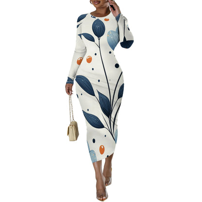 🍒Floral print dresses for women o -neck long sleeve fashion  stretchy summer clothes fitted bodycon midi smart casual You Won't Want To Leaf This Dress Alone