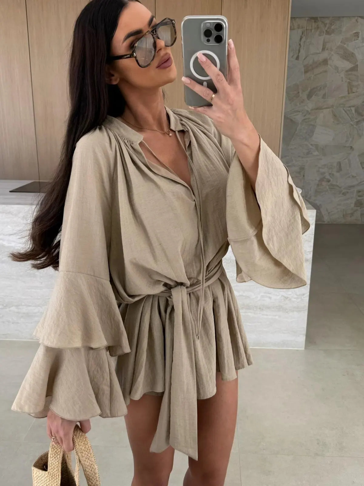 🍒Elegant fold dress women brown deep v-neck long sleeve mini dress female spring summer loose fashion clothes party occasion wear Blouse Up In  a Dress