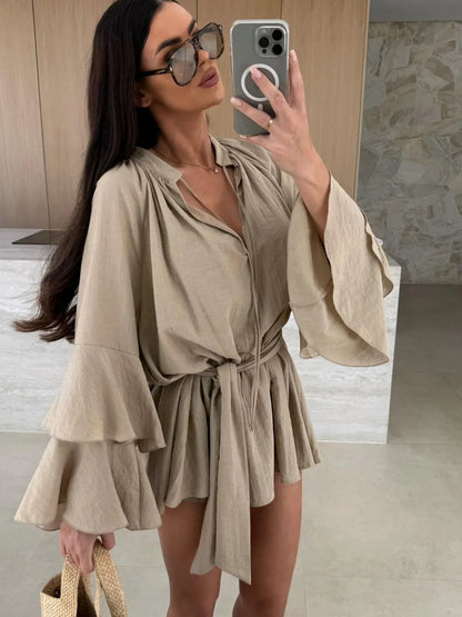 🍒Elegant fold dress women brown deep v-neck long sleeve mini dress female spring summer loose fashion clothes party occasion wear Blouse Up In  a Dress