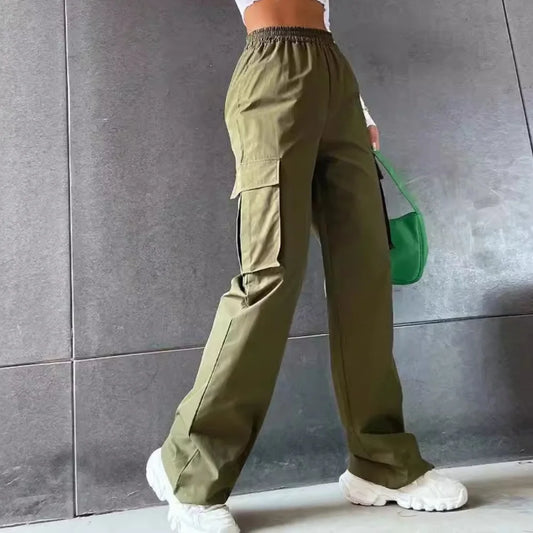 🍒Utiliy pants casual clothing semi baggy communte female chic straight cargo trousers stretch bottoms elastic high waist pants elegant fit female fashion Utilize Utility