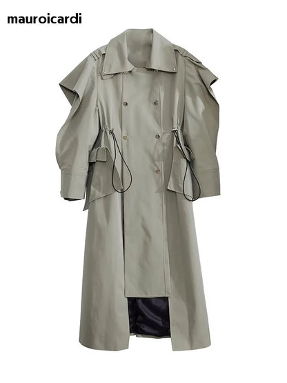 🍒Long oversized trench coat elegant ruffled outerwear for women double breasted luxury designer overcoat runway fashion  Trendy Travel Trench Classic Comfort
