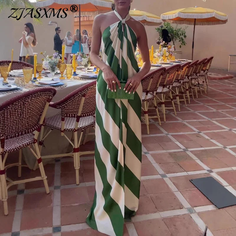 🍒Halter striped dress for holiday chic pleated backless outfits sleeveless summer wear party occasion clothing Eat Your Greens In Your Dinner Dress Green