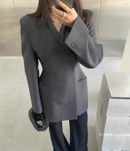🍒Hidden button blazer long women fitted waist jacket fashion Y2K fashion office chic clothing lightweight linen coat chic trendy fashion two-layer smart casual outfit TRAILS Of Comments BLAZER