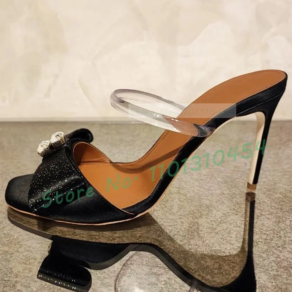 🍒Bowknot satin high heels occasion slippers womens crystal sandals bling shoes for wedding summer pumps pvc strap casual open toe shoes Sassy Satin Slippers