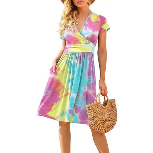 🍒Printed v-neck a-line short sleeve dress floral with high waist over knee outfits for summer womens fashion clothing beachwear holiday clothing A Bunch Of Beautiful Florals