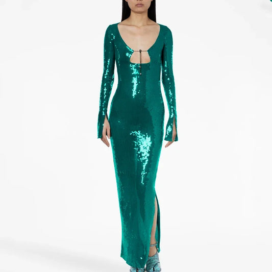 🍒V Neck sequin maxi dress long sleeve sequin bodycon celebrity night gown womens party outfit Be The Jewel In Your Own Crown