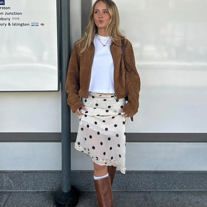 🍒Polka dot high waist skirt  womens chiffon lace skirt over knees fashion office lady elegant a-line summer wear No Polka -ing Fun At This Fun Polka