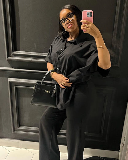 🍒Black two piece set outfit summer women half sleeve button down shirt and wide leg pants suit summer office wear party occasion wear AND drink RUM in this BLACK
