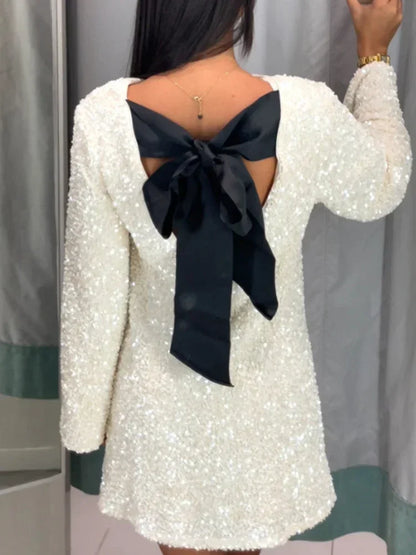 🍒Bow tie sequin dress for women long sleeve shiny mini dress female chic backless evening party dress with back bow crop sequin jacket long sleeve with satin bow front  occasion party wear