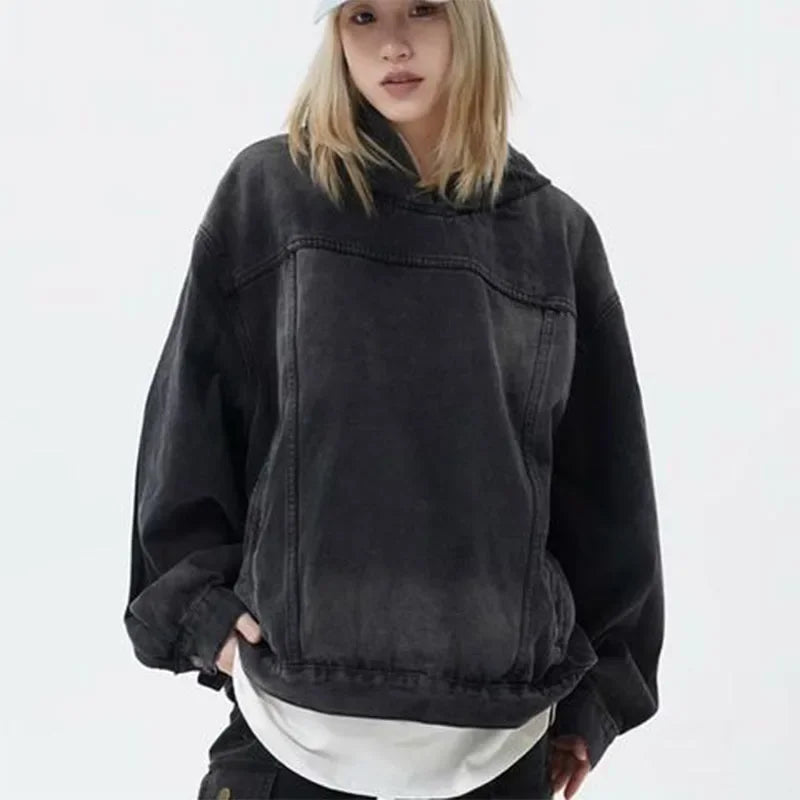 🍒Spring autumn jacket women denim hoodies for women ladies Jean pullover tops vintage unisex long Sleeve hooded baggy top