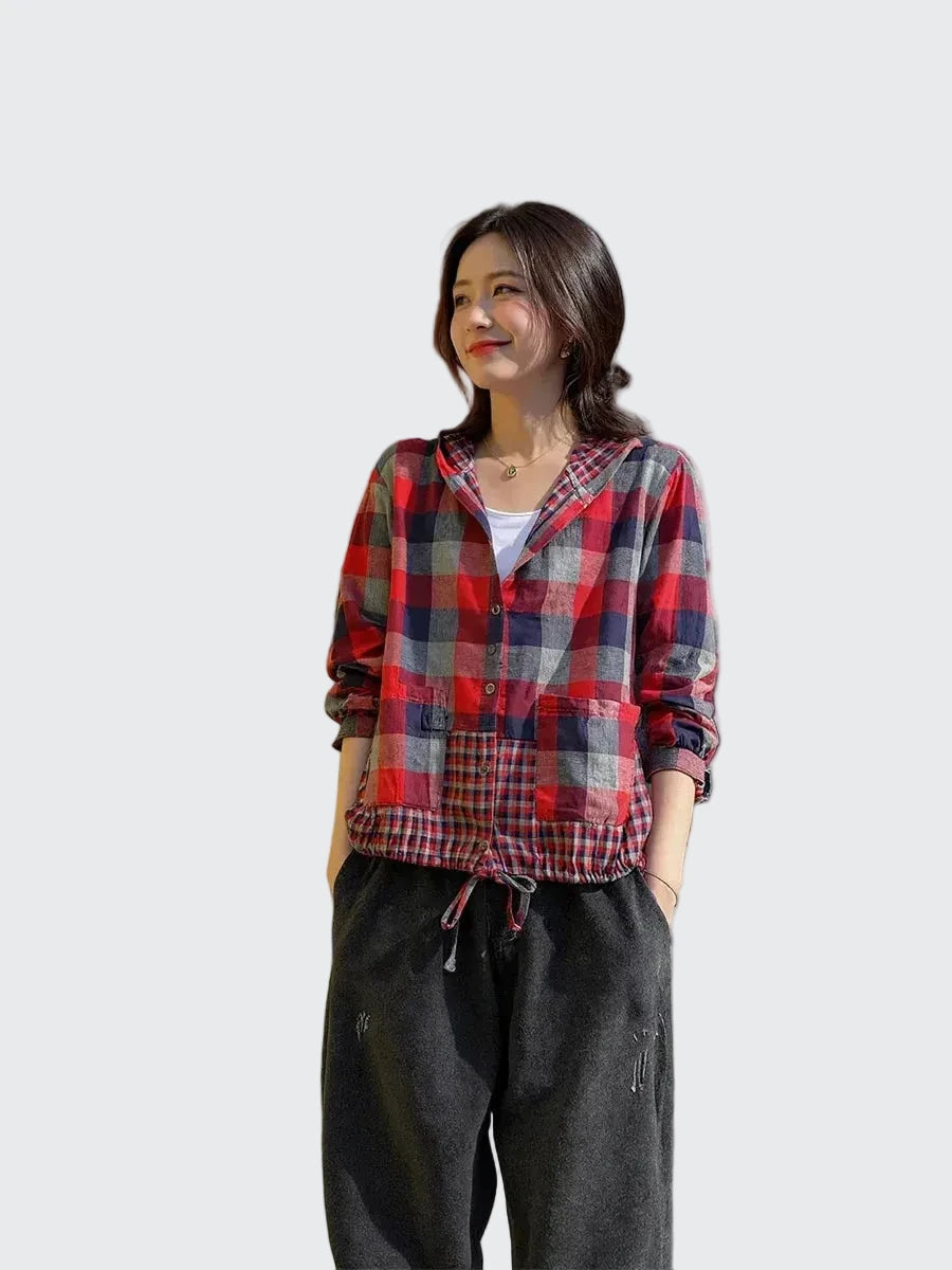 🍒Plaid pocket hood jacket top shirts check blouses spring summer fashion casual wear women check clothing outdoor style cheeky chic check
