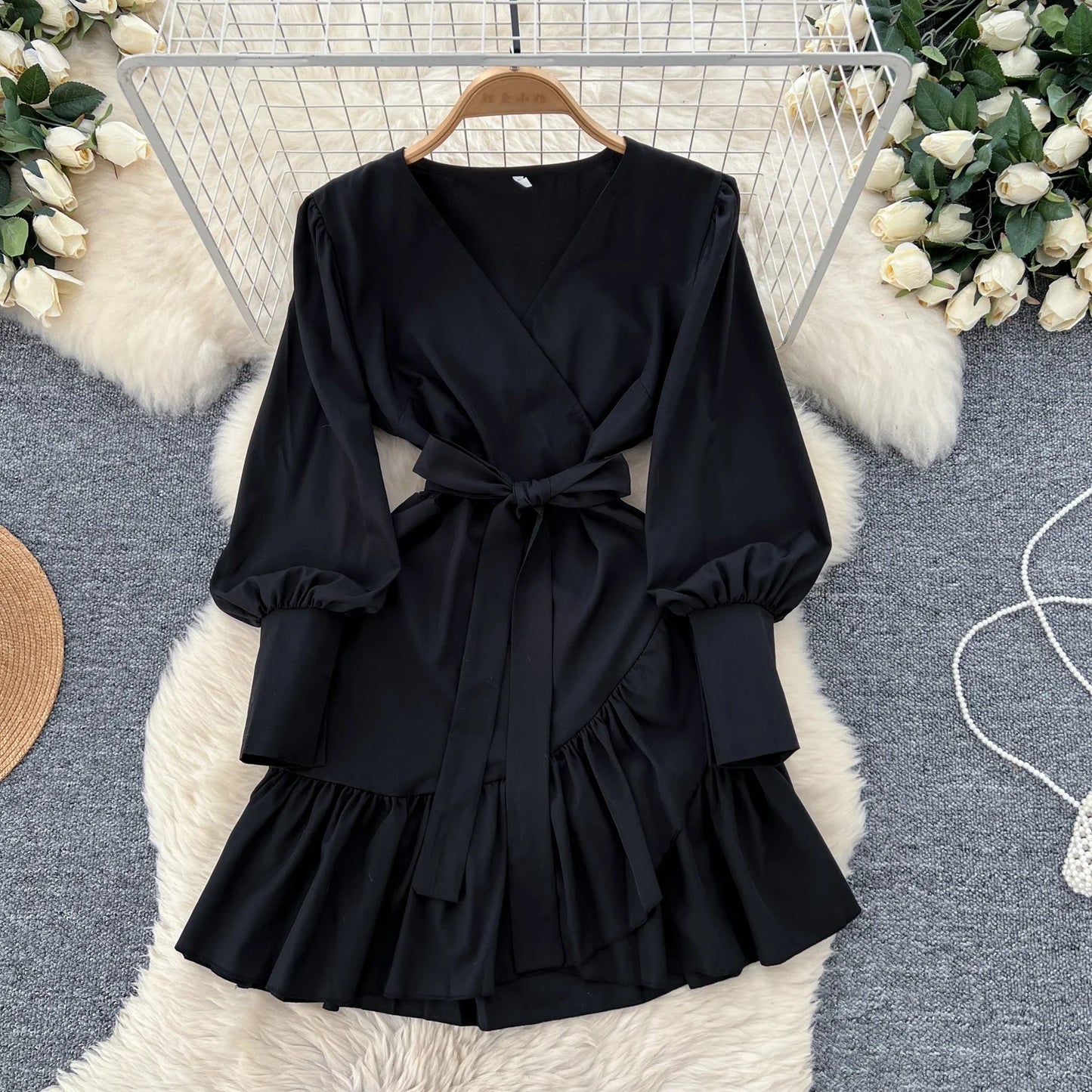🍒V-neck lantern sleeve dress smat casual women elegant midi ruffle printed short dress french style evening wear chic spring outfits high street autumn fashion Don't Be Short On Minis