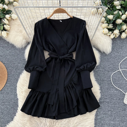 🍒V-neck lantern sleeve dress smat casual women elegant midi ruffle printed short dress french style evening wear chic spring outfits high street autumn fashion Don't Be Short On Minis