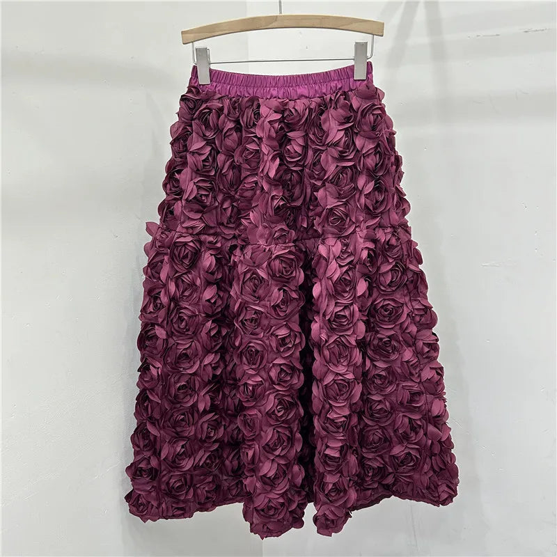 🍒3D flower skirt versatile flower mid-calf a-line fashion wear for women high waist big swing feminine outfit occasion wear party wear chic floral high waist a-line sweet solid colour clothing Pick This Rose And Put It In Your Basket