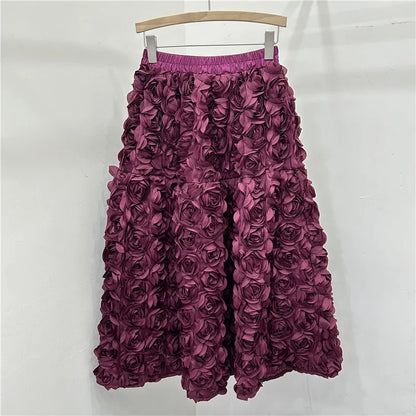 🍒3D flower skirt versatile flower mid-calf a-line fashion wear for women high waist big swing feminine outfit occasion wear party wear chic floral high waist a-line sweet solid colour clothing Pick This Rose And Put It In Your Basket