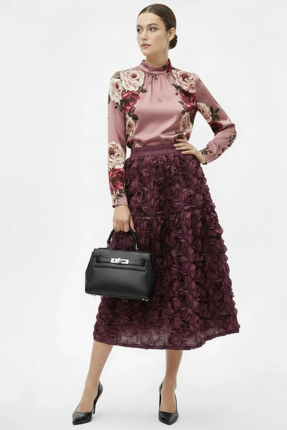 🍒3D flower skirt versatile flower mid-calf a-line fashion wear for women high waist big swing feminine outfit occasion wear party wear chic floral high waist a-line sweet solid colour clothing Pick This Rose And Put It In Your Basket