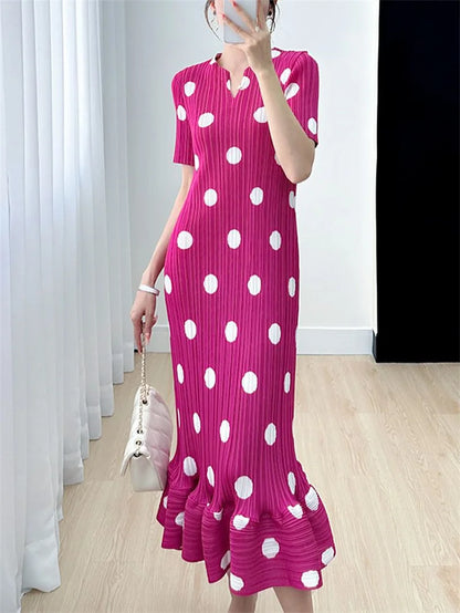 🍒Womens dresses evening summer ladies clothing with polka dots v-neck high end clothes loose pleated  Dont Delay Dart for Dots