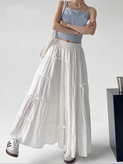 🍒Bow skirts high waist a-line women summer wear vintage loose feminine fashion wears preppy style white chic long skirt