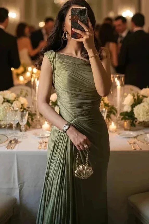 🍒Pleated bodice evening dress with one shoulder occasion party wear shiny evening wear maxi dress with pleats ComPLEATly Perfect