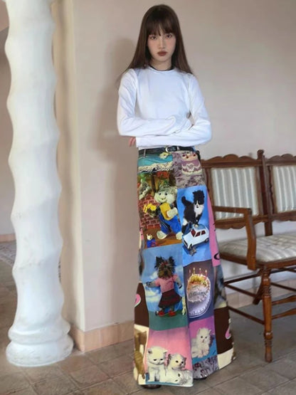 🍒Cartoon maxi skirt high waist long design aesthetics printed clothes for women spring summer fashion cute vintage style smart casual clothing Get Blown Away With This Candle Cake skirt
