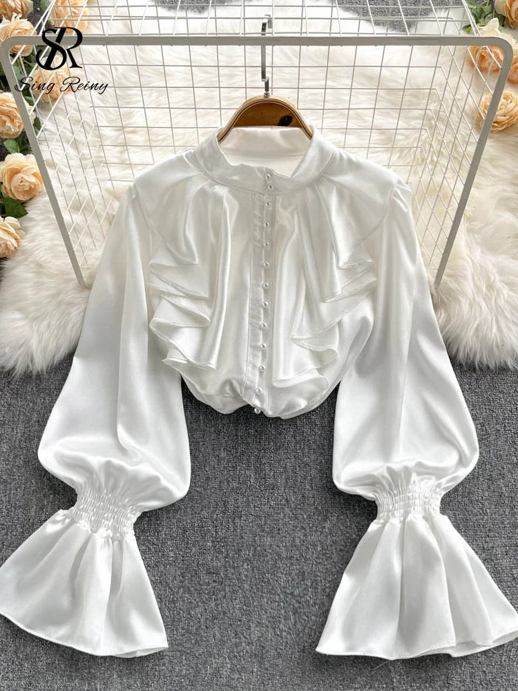 🍒High quality satin blouse loose puff sleeve shirt with flared sleeves ruffle shirt for party wear with beading top women’s feminine office wear Girly Pearl