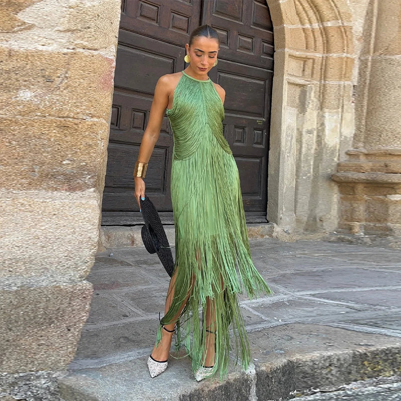 🍒Multi-layer tassel dress women's solid o-neck sleeveless cocktail dress elegant female fashion ball party outfit occasion wear club wear holiday beach party wear No Tossle Tassle