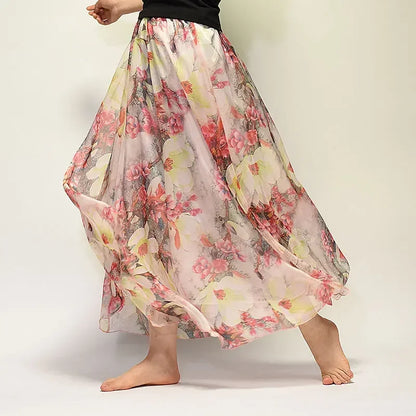 🍒Vintage bohemian long skirt full elegant chiffon fashion beach wear smart casual women high waist maxi skirt outfit summer Clothing Fill Your Basket With Roses