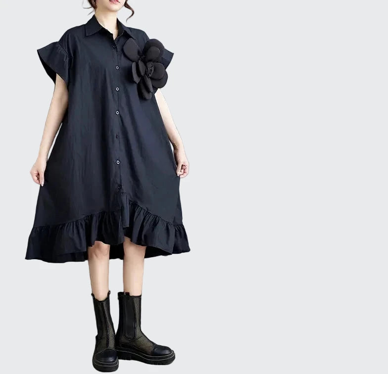 🍒Summer loose dress artistic high low ruffle trim outfit with 3D flower cotton blend office smart casual women mid-length a-Line Don’t Get Ruffled Pick A Flower And Ease lnto Summer