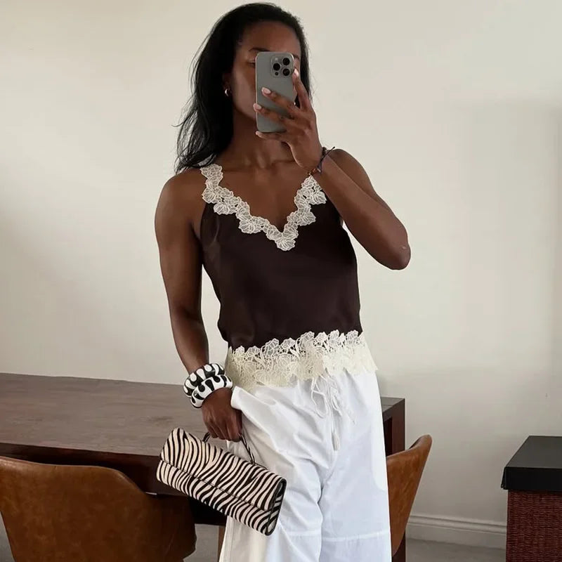 🍒 Lace camisole top and maxi skirt set women patchwork sleeveless backless tops and long loose skirts sets female summer fashion occasion party wear clothing smart casual women Lady Lace