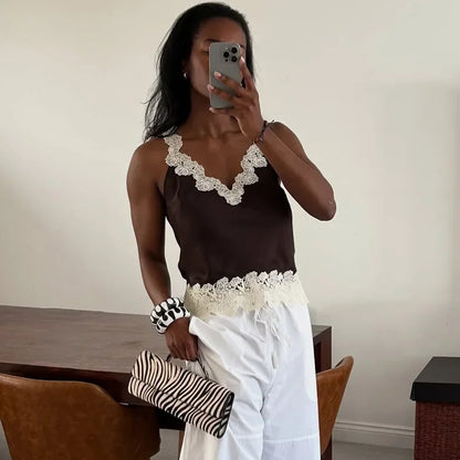 🍒 Lace camisole top and maxi skirt set women patchwork sleeveless backless tops and long loose skirts sets female summer fashion occasion party wear clothing smart casual women Lady Lace