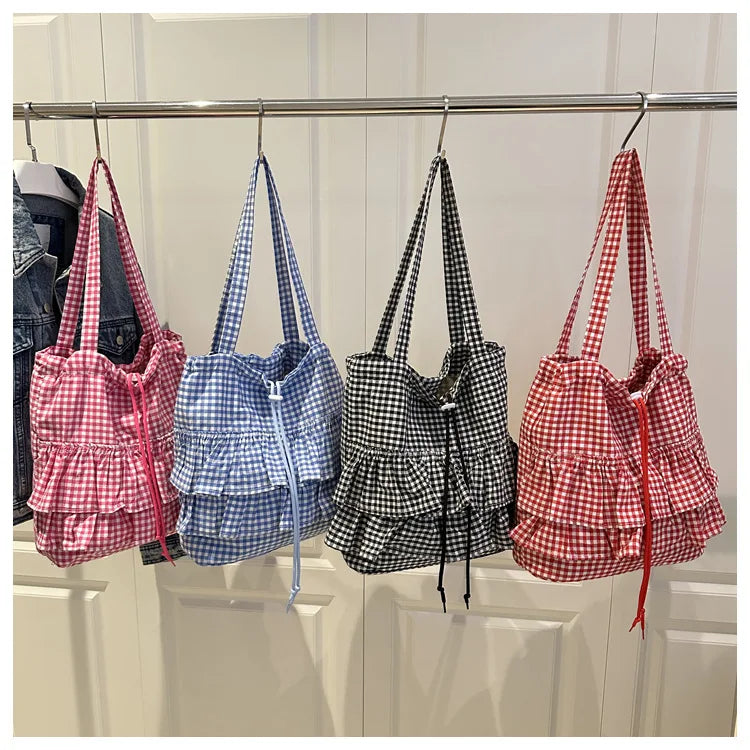 🍒Fashion ruffles check womens drawstring shoulder bag girls commuter womens simple shoulder bag tote bag large capacity handbags