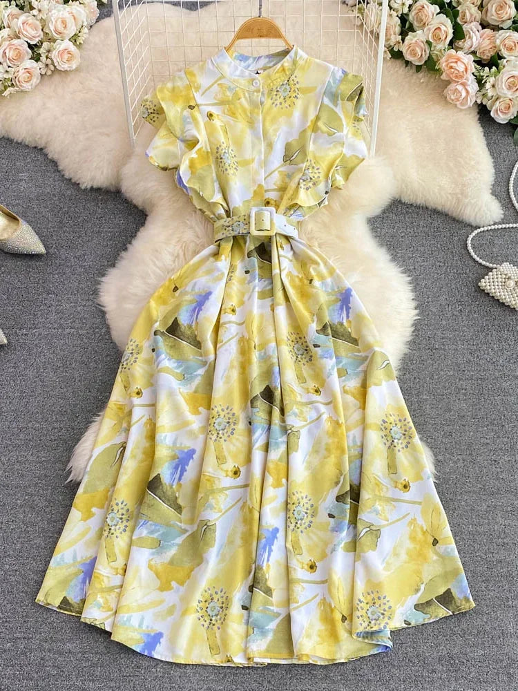 🍒 Printed midi dress high waist sleeveless a-line outfits elegant stand collar ruffle smart casual summer feminine fashion style Dont LEAF-e This In Your Basket Get This And You Will Be SKY High With Happiness