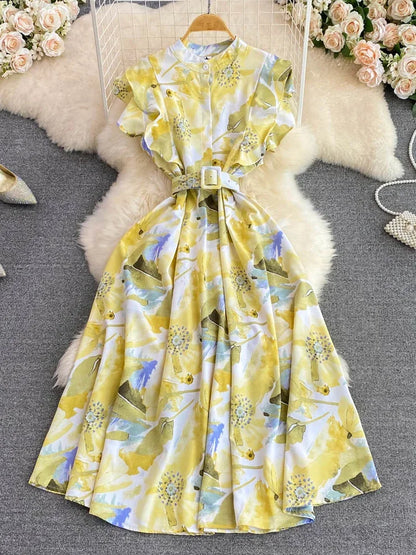 🍒 Printed midi dress high waist sleeveless a-line outfits elegant stand collar ruffle smart casual summer feminine fashion style Dont LEAF-e This In Your Basket Get This And You Will Be SKY High With Happiness