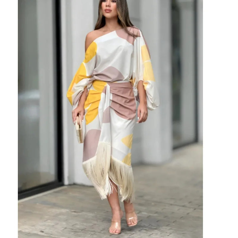 🍒Summer dress two piece set printed lantern sleeve top women with tassel hem and fitted a-line skirt smart casual wear party occasion outfit No Tossling With This Tassel