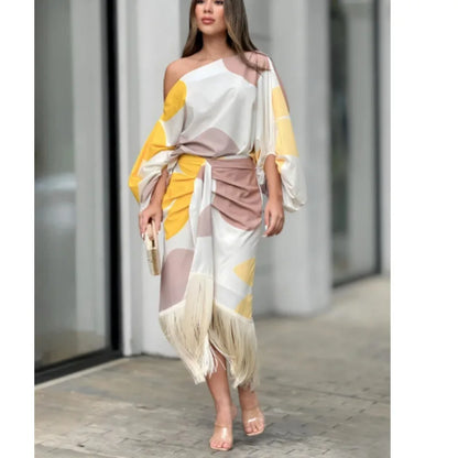 🍒Summer dress two piece set printed lantern sleeve top women with tassel hem and fitted a-line skirt smart casual wear party occasion outfit No Tossling With This Tassel