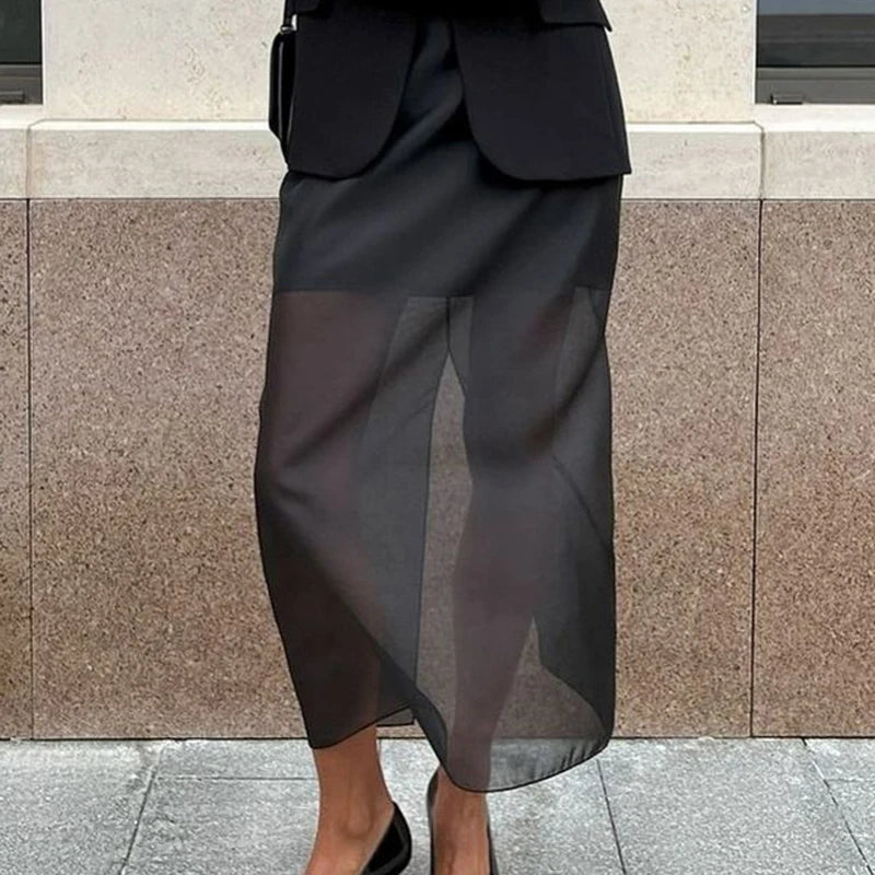 🍒Black mesh skirt long double-layer design perspective transparent maxi skirt high Waist slit hip loose female summer fashion party occasion wear Step In See Through