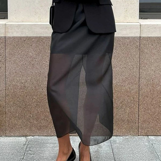 🍒Black mesh skirt long double-layer design perspective transparent maxi skirt high Waist slit hip loose female summer fashion party occasion wear Step In See Through