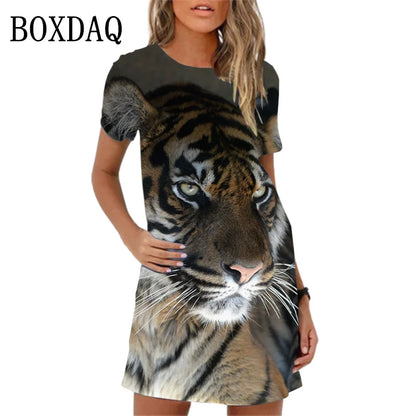 🍒Fashion mini dress tiger print short sleeve summer outfits casual oversized a-line mini outfit casual womens animal clothing Tick A Tigger