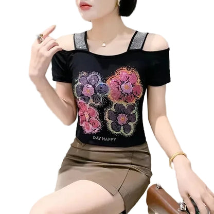 🍒Streetwear chic Heart Shaped top diamond t-shirt off shoulder black tee women summer short sleeve mesh tops SEQ And w 'UIN This Heart
