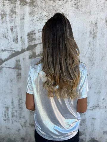 🍒Metalic loose top shiny short sleeve tee womens special occasion tops gold t-shirt o-neck fashion smart casual ladies clothes  Top 'Talic Tee