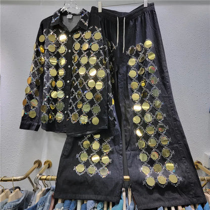 🍒Denim shirt big sequin Jacket plaid tops occasion partywear and matching high waist wide legs denim pants two piece sets women Dynamic Denim