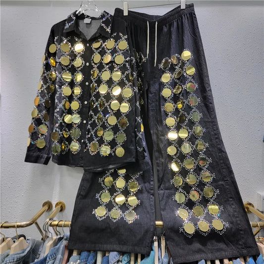 🍒Denim shirt big sequin Jacket plaid tops occasion partywear and matching high waist wide legs denim pants two piece sets women Dynamic Denim