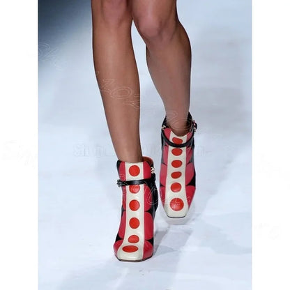 🍒Mixed colour short boots genuine leather wave point print buckle ankle high heel booties with side zipper women polka dot shoes chunky heels with square toe party occassion footwear Digit These Dots In your Cool shop