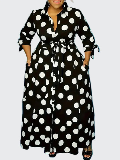 🍒Plus size polka dot dress with sleeves printed high waist outfit maxi dress smart casual women a-line dress  LONGing for this DOTty, PRINT at check out