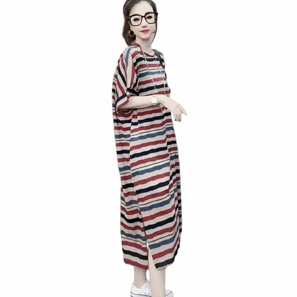 🍒Striped t-shirt dress A- line knee length outfit plus size slimming clothes for plus size women spring summer fashion   Stripe A- Pose