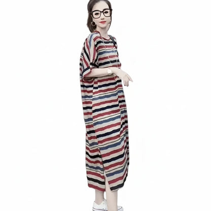 🍒Striped t-shirt dress A- line knee length outfit plus size slimming clothes for plus size women spring summer fashion   Stripe A- Pose