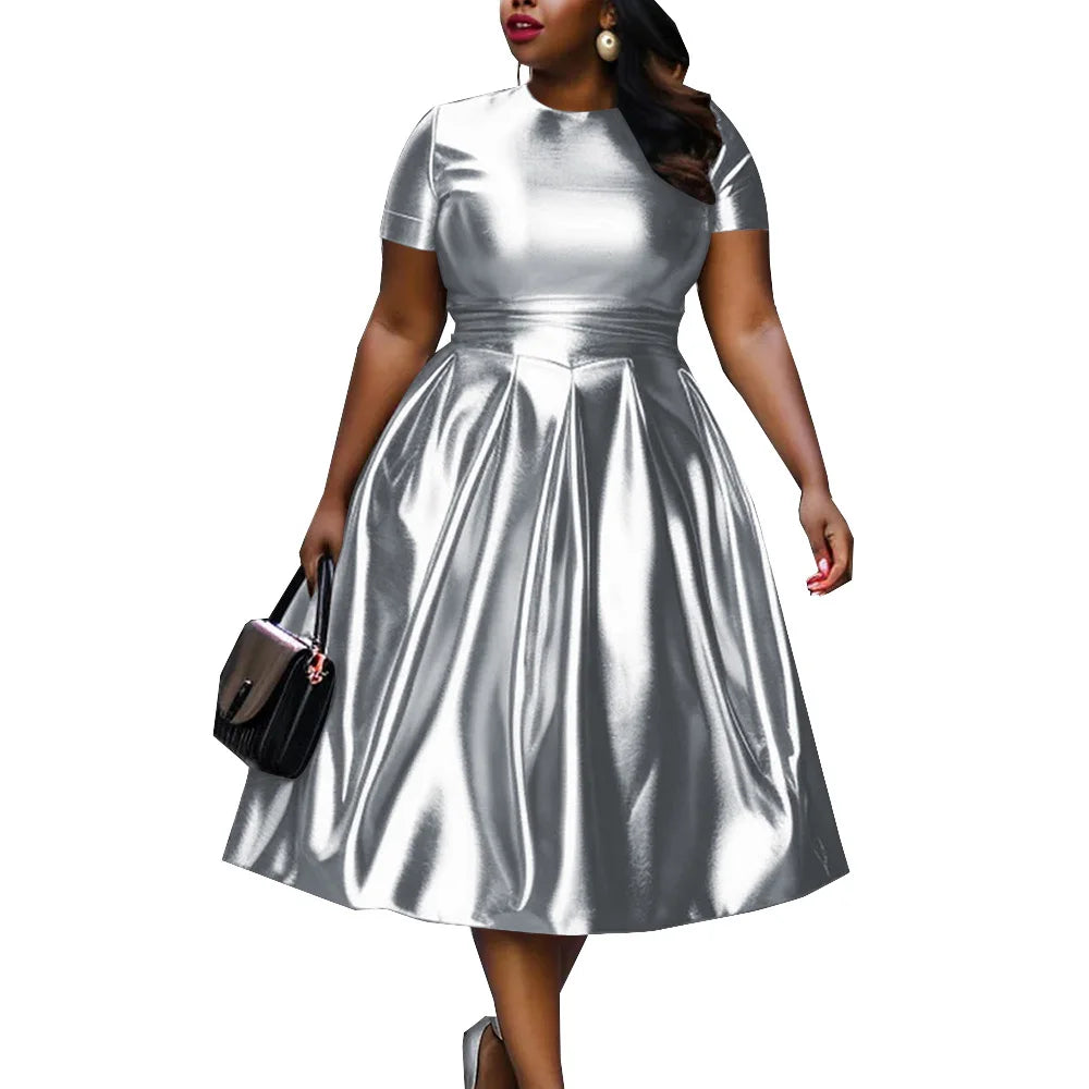 🍒A-line shiny dress metallic short sleeve midi for women plus size outfit fit and flare elastic dress smart casual clothing Summer Stunner