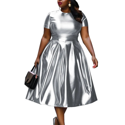 🍒A-line shiny dress metallic short sleeve midi for women plus size outfit fit and flare elastic dress smart casual clothing Summer Stunner