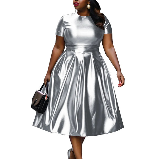 🍒A-line shiny dress metallic short sleeve midi for women plus size outfit fit and flare elastic dress smart casual clothing Summer Stunner